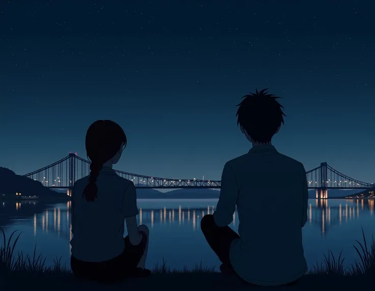  sitting on the shore I want an image that looks like a dark type with stars and that shows the Han River bridge in South Korea.  I want two black silhouettes , one of a girl and one of a boy ,  type who are enjoying the view .  That both have a relaxed dr...