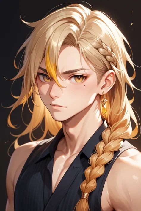 Pale young male, with dark long hair with a braid in one side and golden highlights. Has golden eyes and a mole under his left cheek. Uses cristal earrings. Anime style.