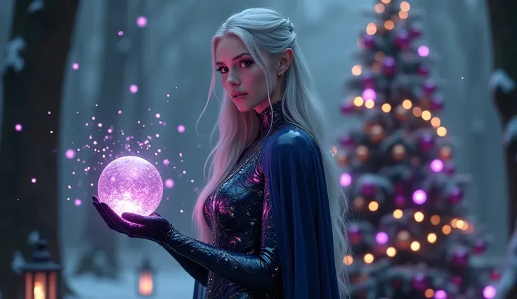 A cinematic scene with hyperrealistic rendering, framed in a medium shot (American shot): A dark elven queen stands gracefully in an enchanted forest, illuminated by soft lantern light and swirling fireflies. Her long, flowing hair is silver with subtle re...