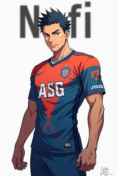 Make nagi from blue lock wearing football Jersey and write Nafi over nagis head 
