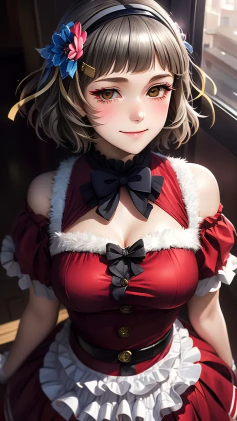 (((solo))), 1 woman, Sakuya Kurobane, sakuyaunif, kurobane_sakuya, (brown eyes), short hair, grey hair, black hairband, blue hair flower, red eyeliner, chest, blush, smile, (upper body), santa claus