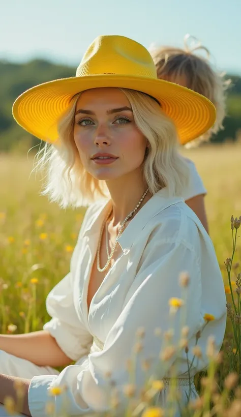 a young platinum blonde woman wearing a white fashionable outfit and a yellow hat sitting in a meadow, a toddler standing behind her, atmospheric perspective, highres, 8k, masterpiece, photorealistic, professional photography, vivid colors, natural lightin...