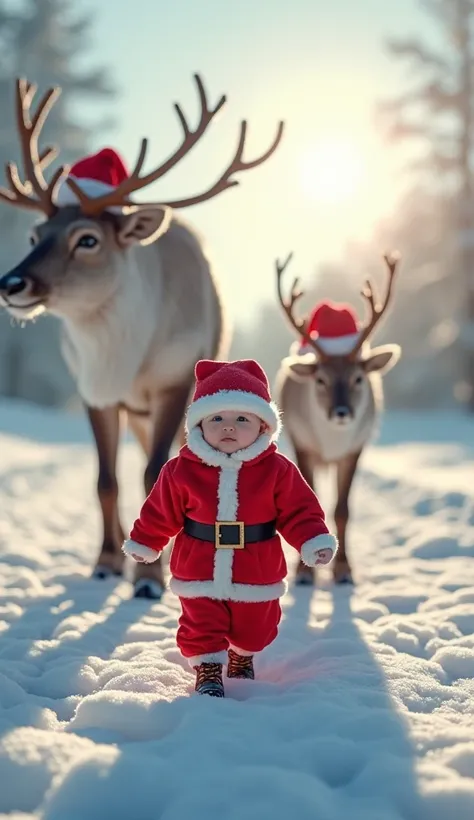 Realistic. Photorealistic. Image is vibrant with color.
Photo, very detailed

A baby from France is wearing a Santa Claus costume.

The baby is walking between two reindeer.

One giant reindeer is bigger than a real reindeer, taller than the baby, so big i...