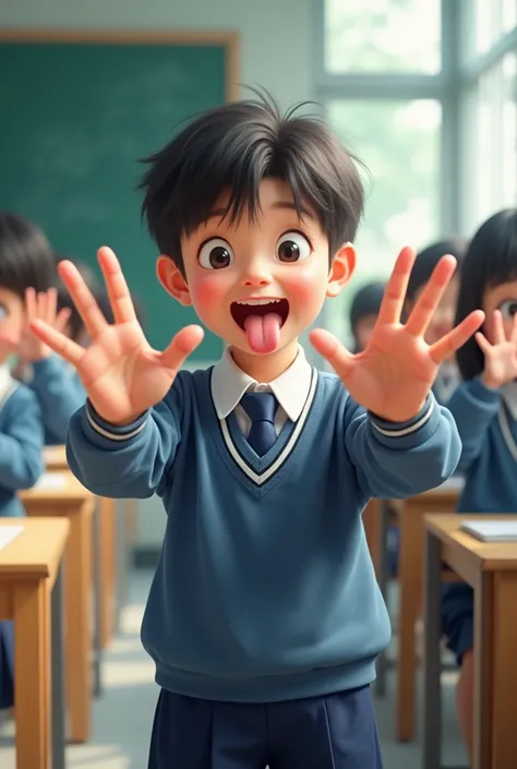 A sixth-year elementary school student in Korea sticks out his tongue and flaps his hands