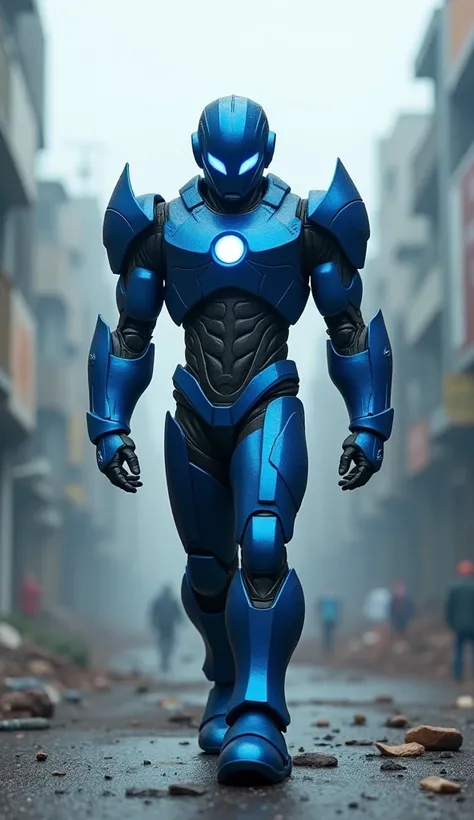 megaman, Eye color Blue,   full body , walking, detailed blue armor ,  showing cracks in the armor ,  Ultra realistic,  apocalyptic background ,  cinematographic lighting , metallic shine,  Minimalism, HDR,  cityscape . In the style of movie screenshots,