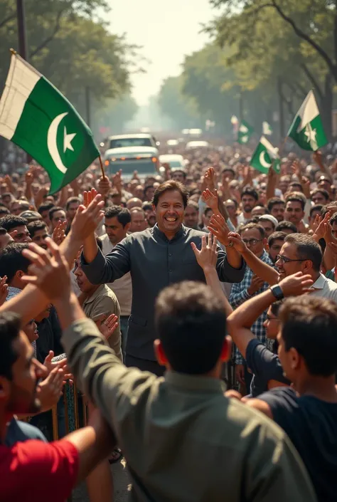 "Imran Khan being released from Adiyala Jail, with a crowd of people and PTI workers standing outside with their cars, eagerly waiting to welcome him."