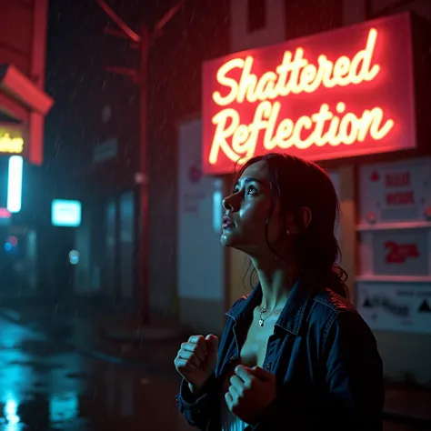 A close-up of a distraught young woman with tear-stained cheeks, standing in the pouring rain at night. Shes looking up at a dimly lit apartment window, her hands clenched into fists. The scene is lit dramatically with neon signs reflecting in puddles, cre...