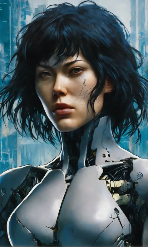 Ghost in the shell, Motoko Kusanagi (iconic cyborg with segmented very human looking outer skin layer, extreme battle damage, covering of right side of face ripped off, right arm busted gone below elbow) she is staring at herself from the shore of a tranqu...