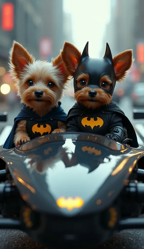 Make 2 pictures of cute dogs wearing Batman costumes and riding Batmans sophisticated cars Aesthetic HD quality 4K blur background