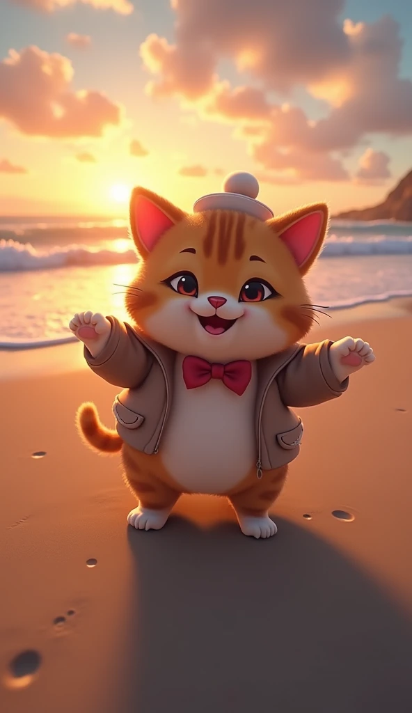  A fat, cute cat takes a selfie on the beach , sunset, fisheye lens, Create a scene, Soft color grading ,  cinematic depth of field effect, genre film noir , 8k resolution,  high quality ,  costume, cute 2D cartoon style