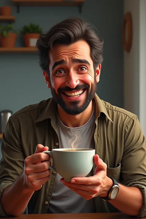 Ammar holding a cup of coffee or tea, looking nervous but happy.