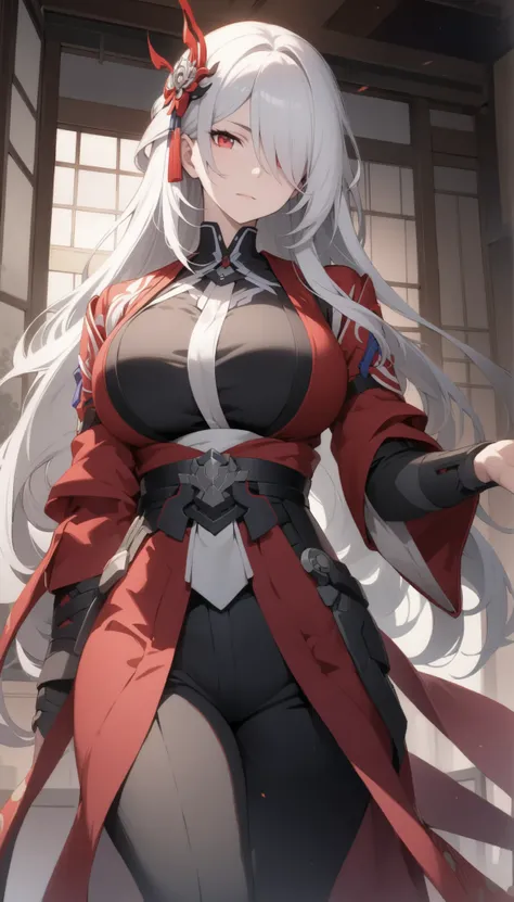 (best quality:1.3), (masterpiece:1.3), (illustration:1.3), (ultra-detailed:1.3), absurdres, 1girl, white hair, solo, large breasts, tall, mature, long hair, black pants, hair ornament, red_eyes, hair_over_one_eye, double_breasted, red_coat, (acheron_(honka...