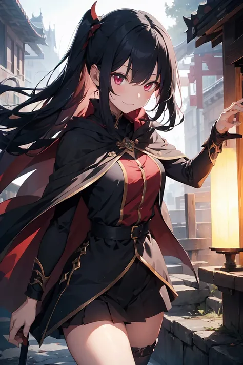 Female in her late teens　The Dark Swordsman 　 has long dark blue hair　Dark red eyes 　Black Cape　I have a demon sword　A relaxed smile　A disaster from another world 々 in a scary temple 