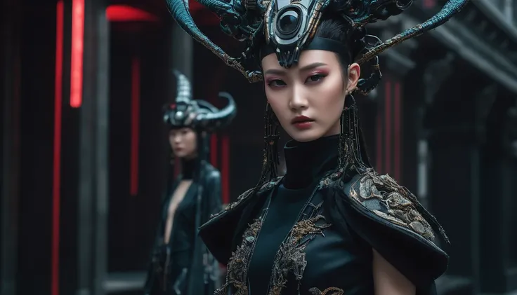 A fashion runway for alien technology , Cyberpunk fashion photography , Inspired by Chinese Xianxia and dark Gothic.，A fallen god in Greek mythology，(Best Quality,4k,8k,A high resolution,Masterpiece:1.2), (realist,Fotorrealist,fotorrealist:1.37).