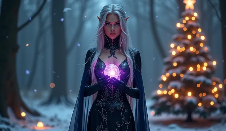 A cinematic scene with hyperrealistic rendering, framed in a medium shot (American shot): A dark elven queen stands gracefully in an enchanted forest, illuminated by soft lantern light and swirling fireflies. Her long, flowing hair is silver with subtle re...