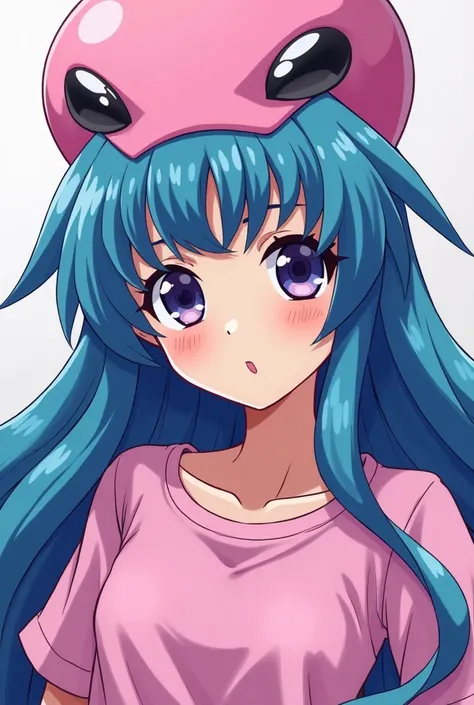 a close up of a person with a blue hair and a pink shirt, humanoid pink female squid girl, anime girl named lucy, yugioh art style, yugioh style, dark magician girl from yu-gi-oh, magic school uniform, portrait knights of zodiac girl, full portrait of elem...