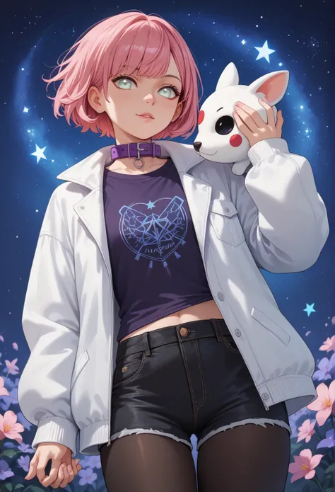 Young woman, Short hair,Pink hair, light blue, White eyes, A white fur jacket with a purple collar , Denim shirt in purple with red,  black shorts ,Black tights,Starry night background ,Flat mask , in his left hand holding up a purple pink flower and smell...