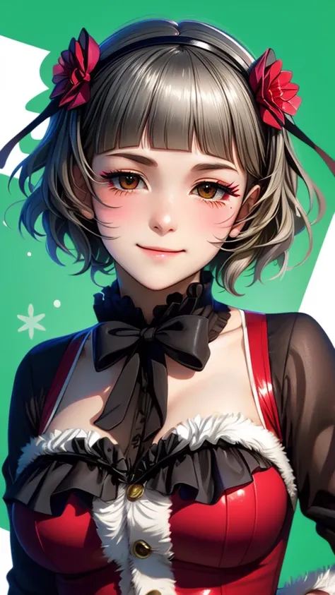 (((solo))), 1 woman, Sakuya Kurobane, sakuyaunif, kurobane_sakuya, (brown eyes), short hair, grey hair, black hairband, blue hair flower, red eyeliner, chest, blush, smile, (upper body), santa claus