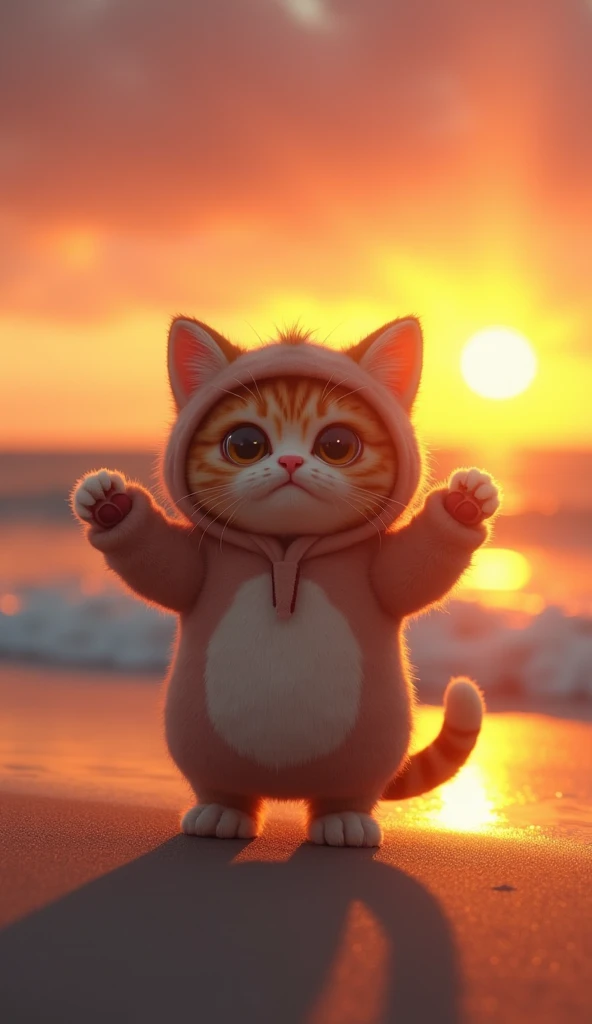  A fat, cute cat takes a selfie on the beach , sunset, fisheye lens, Create a scene, Soft color grading ,  cinematic depth of field effect, genre film noir , 8k resolution,  high quality ,  costume, cute chibi style