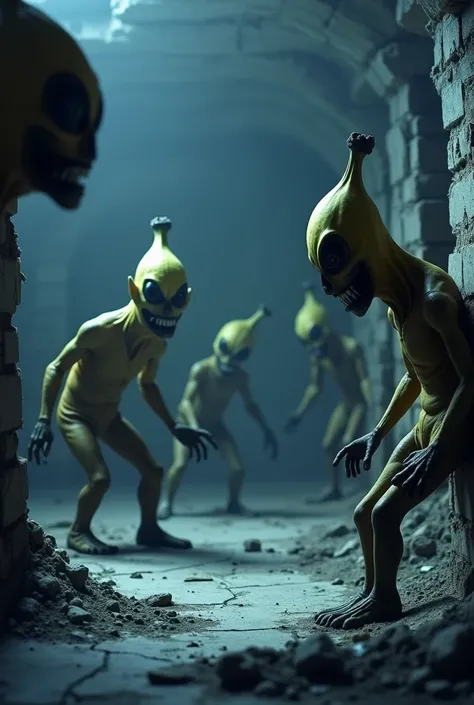 A scene of a banana family hiding behind a broken wall, with terrified expressions as an alien approaches."