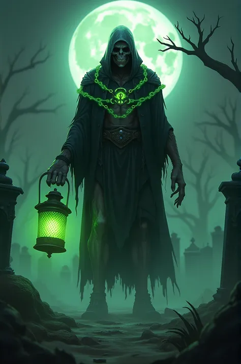  "Portray Thresh from League of Legends as a chilling, human embodiment of death. He has a gaunt, tall frame with pale, almost translucent skin. His hollow eyes glow faintly green, and his unsettling grin suggests a sinister intent.

Thresh wears a dark, t...