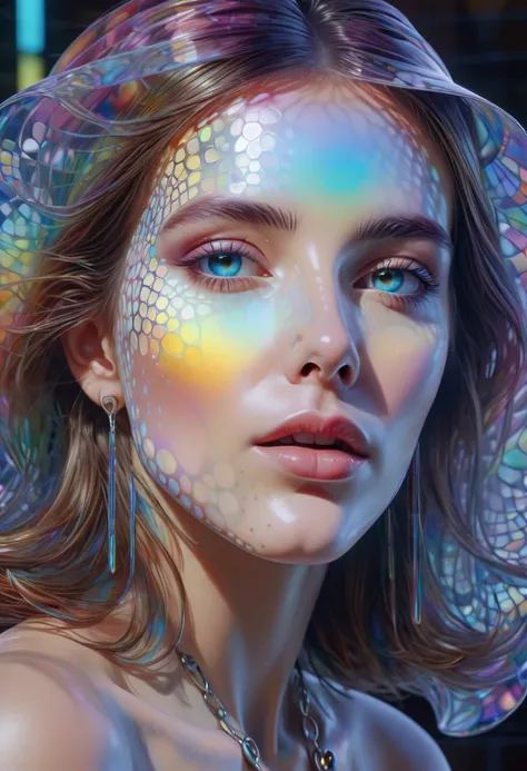 dotted female face made of stained glass optical illusion a detective painting, holography, iridescent, photo-illustration, maximalist vapor-wave, hyperrealistic, octane render, UHD, 16k, cinematic