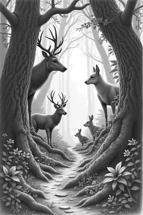 


Nature-Inspired: A detailed sketch of a forest with animals emerging from the trees.


