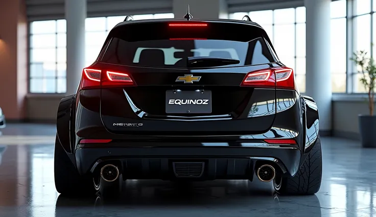 Create a 3D render of a car design featuring the 2025 [ Chevrolet Equinox ] . The car should be viewed from the [close back End] view in [black] colour car. Include a [Chevrolet Logo] prominently on (back), the taillights are (red) ,The license plate shoul...