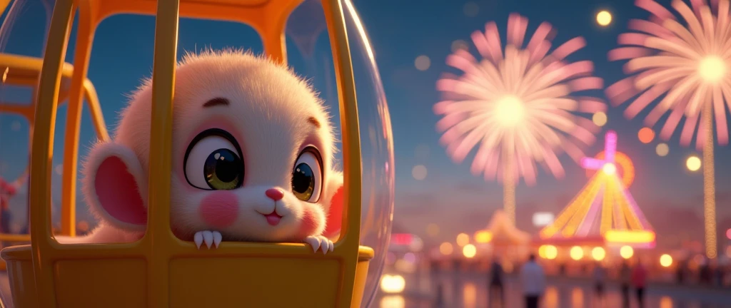 a hyper realistic image where the cute little chibi mascot is on top of the ferris wheel in a yellow cabin and in the glass lining is looking at the scene of a fireworks party on new years eve