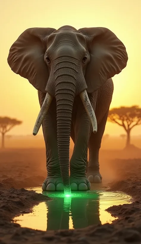 An ultra-realistic elephant standing in a vast savannah, its skin deeply textured with wrinkles and folds. Its large ivory tusks gleam in the soft light of a golden sunset. Dust clings to its legs, and its intelligent eyes reflect the wisdom of nature. In ...