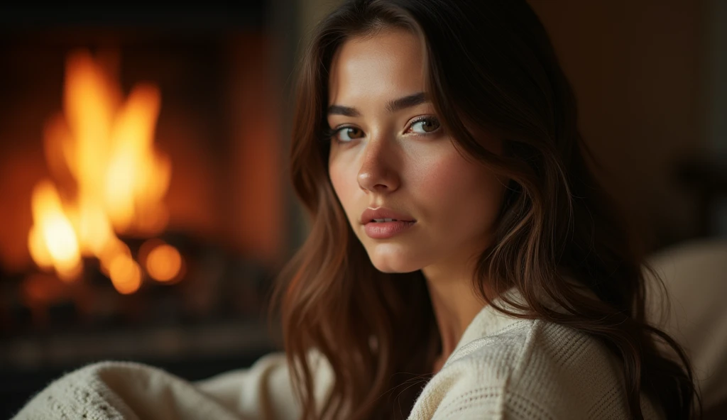 très belle femme 22 ans, portrait, face caméra, long cheveux lisse, teint clair. assise près de la cheminée