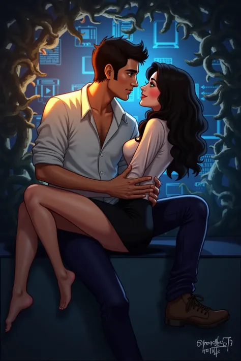 Your prompt is concise and detailed. Heres a polished version:

*Tangled Roots Cover Art*

1. *Characters*:
    1. *Zaid (20)*: Dark hair, piercing brown eyes, stubble, lean build, brooding expression.
    2. *Aisha (20)*: Long, dark curly hair, bright gre...