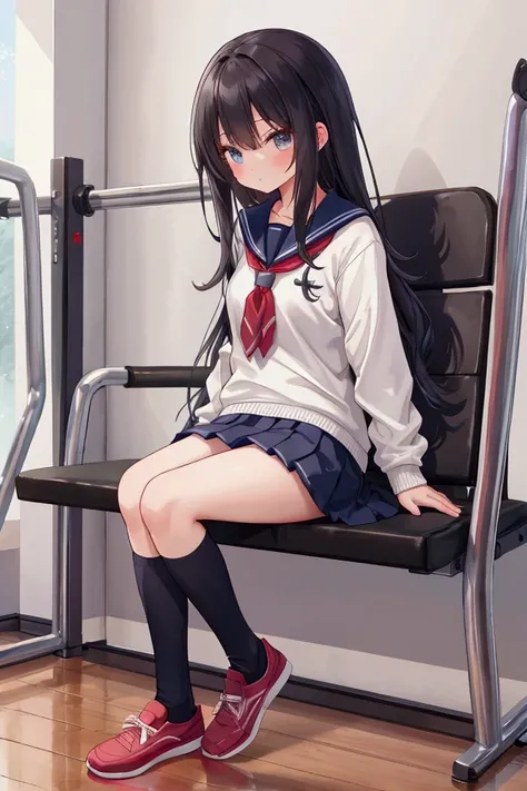  girl、 school uniform、 pleated skirt、 absolute domain、 Knee Socks 、 gym sitting 