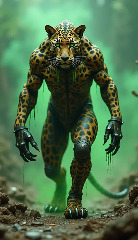 An ultra-realistic hybrid creature combining a leopard and a nuclear power barrel. The leopard’s sleek, muscular body is partially fused with sections of a rusted, metallic barrel. Its spotted fur transitions into corroded metal plates, with glowing green ...