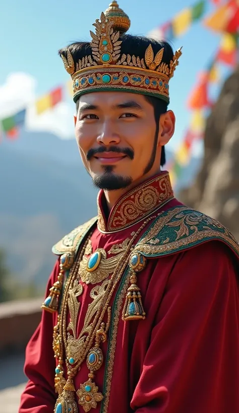 "Portrait of a 25-year-old South-East Asian prince with a round, handsome face and serene smile, wearing traditional Nepali royal attire. He has an elegant crown adorned with fine jewels and a culturally rich design, exuding regal charm. His warm, gentle e...