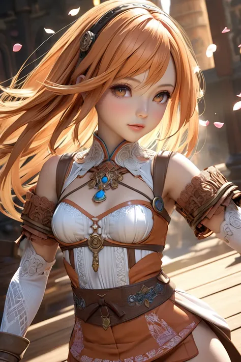  girl , futuristic clothing style final fantasy xii blouse with a lot of seville,short skirt, long orange hair with lots of garters ,4k,delicate skin,stunning breasts , detailed lighting ,detailed face,dazzling skin,exposed shoulder,3D,anime art, Realistic...