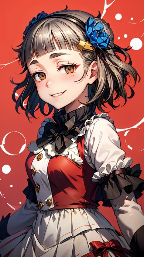 (((solo))), 1 woman, Sakuya Kurobane, sakuyaunif, kurobane_sakuya, (brown eyes), short hair, grey hair, black hairband, blue hair flower, red eyeliner, chest, blush, smile, (upper body), santa claus