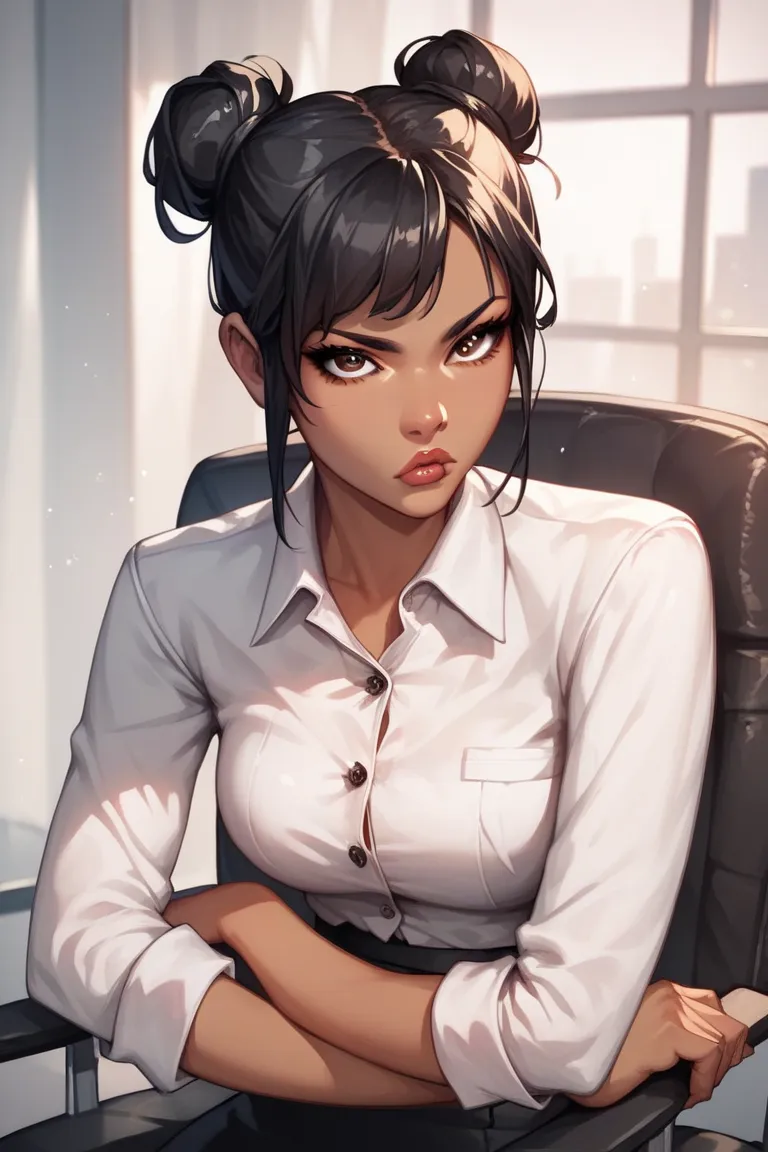  Score_9, Score_8_up, Score_7_up, Score_6_up, Score_5_up, Score_4_up, Source_anime, Tag1, Tag2, Quality_masterpiece,young female,  hair in a bun, black hair, brown eyes, Office Lady, Sitting on chair, Girl of black and Asian descent, ((tanned skin)), serio...