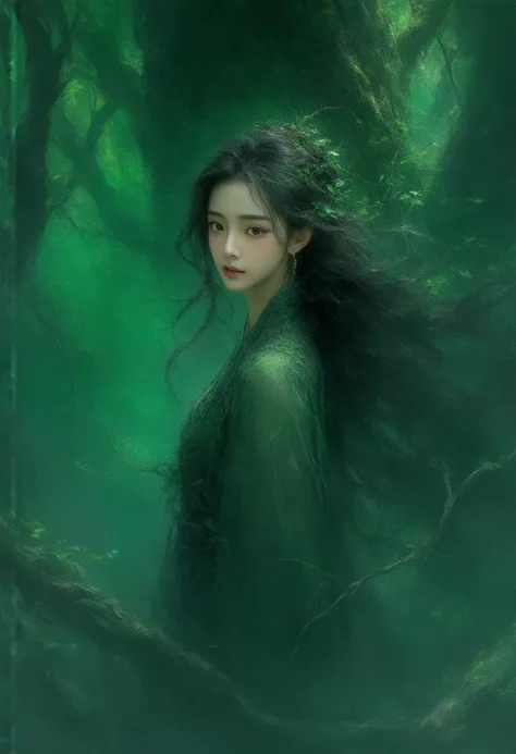 A cinematic poster-style webtoon of a very beautiful Korean woman with her body covered in roots and leaves. She has long hair that is blowing in the wind. The woman is standing in a mystical forest setting. The background is filled with trees, vines, and ...