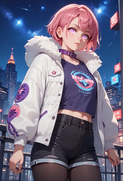 Young woman, Short hair,Pink hair, light blue, White eyes, A white fur jacket with a purple collar , Denim shirt in purple with red,  black shorts ,Black tights,City background at night with starry sky,Insert Mag