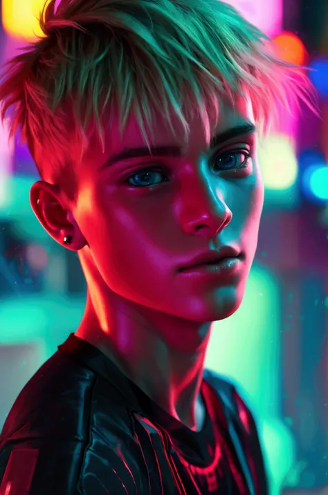 Cyberpunk photo of a young  male cute boyish imature shirtless cyberpunk 18yo teenag boy surfer, Innocent face, innocent expression super skinny, blond, handsome, cute handsome boyish face,   wearing a super tight cyberpunk shorts hyperrealism photo. Full-...