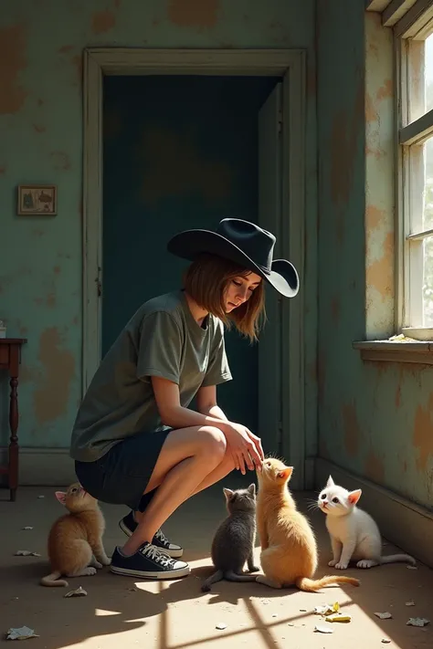 A young woman wearing her black cowboy hat and sneakers visits many refugee kittens in an empty house: they are skinny, sad and dirty, and she caresses them and carries food. 