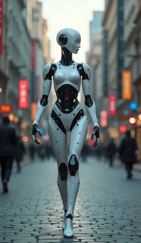 Womans robot walks the streets among big city crowds, tarnishing the show, high quality, best quality, absurd, masterpiece, beautiful, intricate details, 1/2 body crop, slim figure, beautiful figure, magnificent Anatomy, (Intricate Detail: 1.12), HDR, (Int...