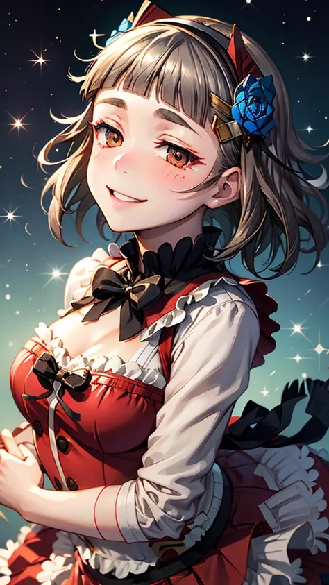 (((solo))), 1 woman, Sakuya Kurobane, sakuyaunif, kurobane_sakuya, (brown eyes), short hair, grey hair, black hairband, blue hair flower, red eyeliner, chest, blush, smile, (upper body), santa claus