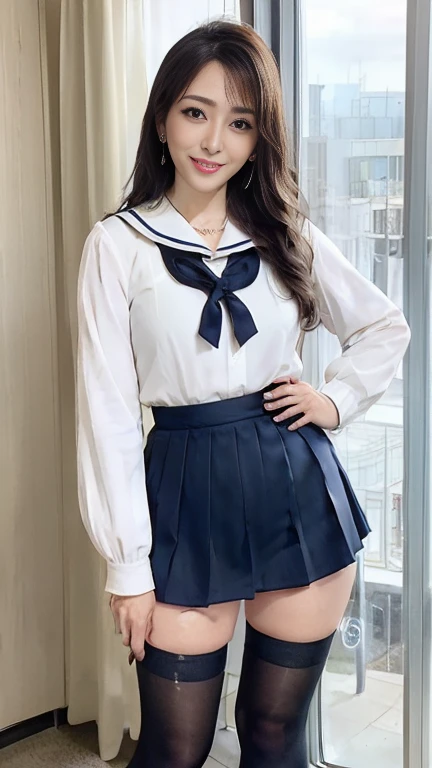 full body shot, from below,  japanese mature,  detailed face , Facial wrinkles, Wrinkles around the eyes, smile,  Detailed skin texture ,  white skin,  heavy makeup,  long hair, curvy body, (earrings, school uniform, sailor uniform, sailor collar, sailor c...