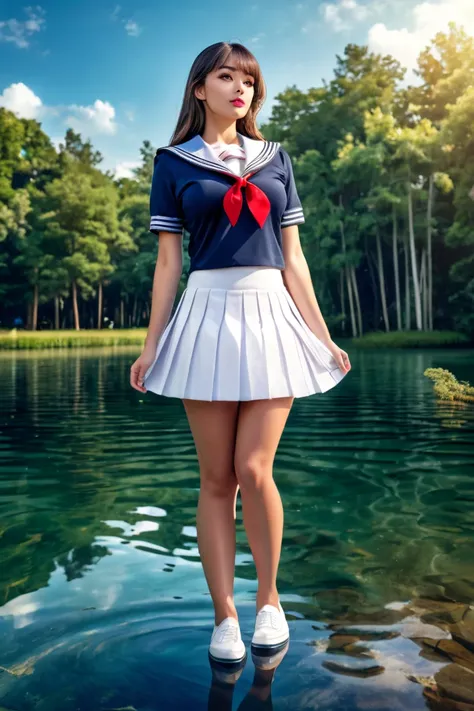 ( super high quality:1.3), masterpiece, (high definition), HDR, 8k, photo, photorealistic, beautiful woman standing in tranquil lake, covered gigantic breasts, sailor skirt uniform, pleated short skirt, summer, side view from below