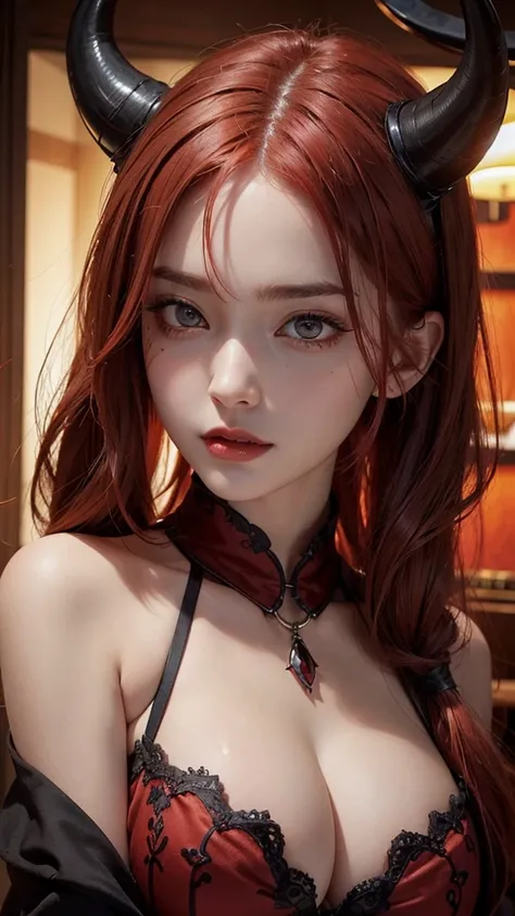  high definition, Seductive erotic woman with horns and scarred face, (Big Breasts, Red Hair),  focus on the face,  focus on the face, Complex eyes,