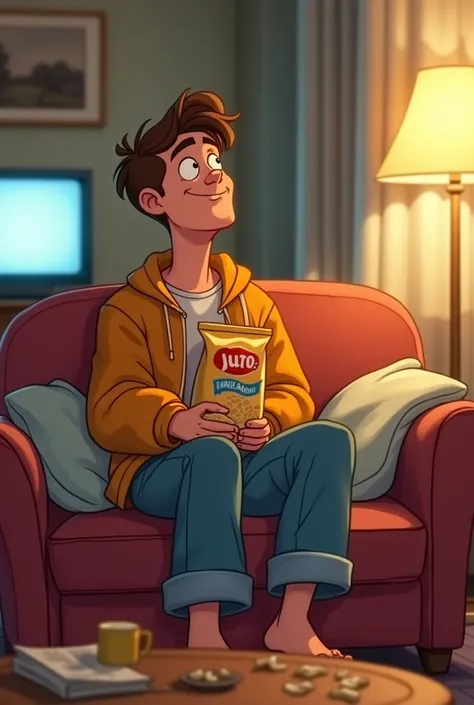  A lazy young man sitting on a messy sofa ,  in a simple and cozy room .  He wears loose and sloppy clothes ,  with a bag of chips in his hand and crumbs scattered around the coffee table.  The scene is illuminated with warm light , with a TV turned on in ...