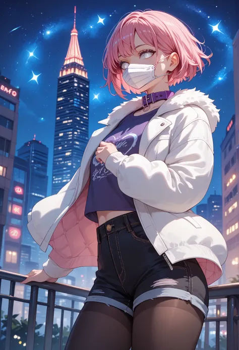 Young woman, Short hair,Pink hair, light blue, White eyes, White fur jacket, purple collar, Denim shirt in purple with red,  black shorts ,Black tights, city background at night with starry sky,White smooth mask ,