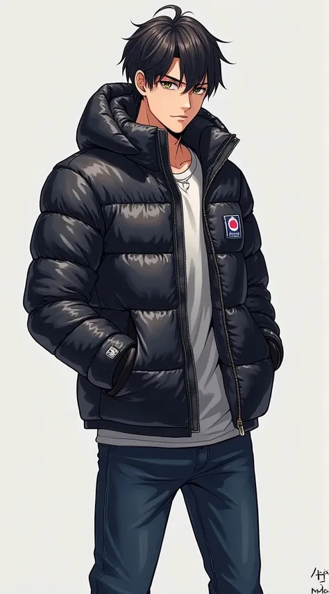  Japanese man、20 years old、Aggressive type、naughty 、Short length、standing collar のダウンジャケット、tightなダウンジャケット、tight、 athletes、 shiny down jacket、Full body illustration、 manly、Cool and sporty 、 down jacket collar standing、 shinyダウンジャケット、Clothes Pichi Pichi、musc...